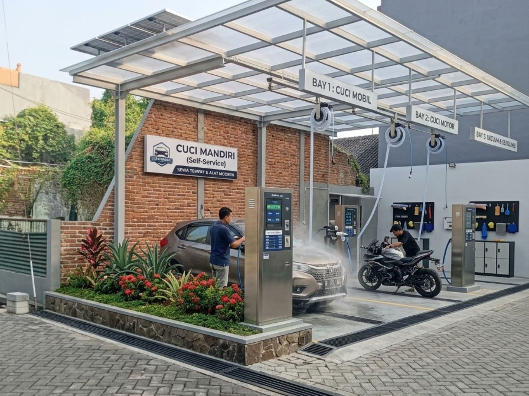 ilustrasi rencana pemanfaatan kavling kosong di Blok B10, menjadi Layanan Cuci Mobil / Motor Self-Service (Sewa Tempat & Alat) yang produktif dan bermanfaat bagi warga